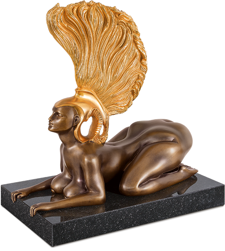 Bronzefigur Sphinx mit Goldhelm von Ernst Fuchs