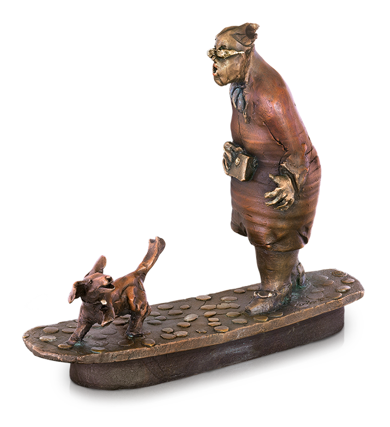 Bronzefigur Hundespaziergang von Eva Roucka