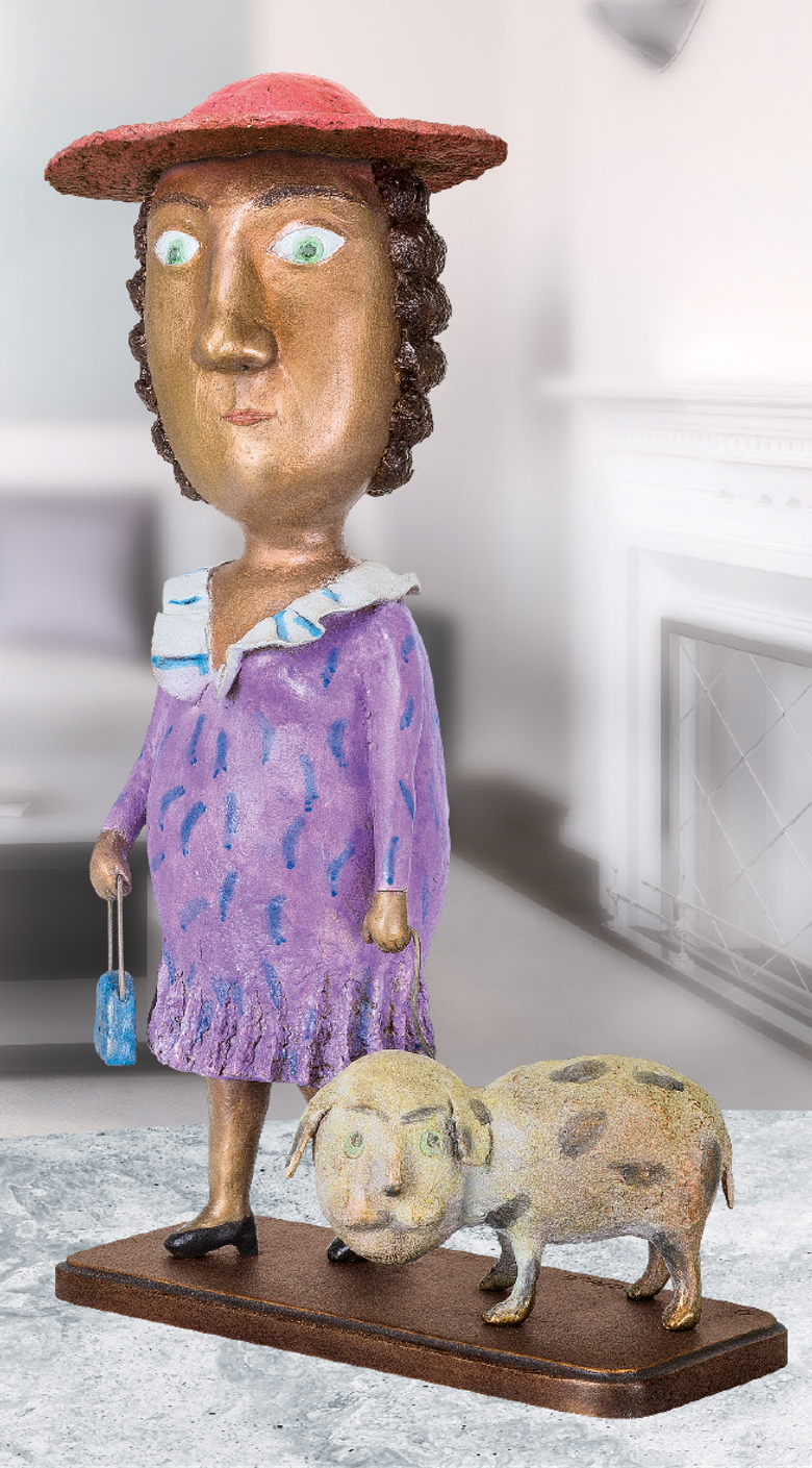 Bronzefigur Lady with a dog von Natalia Obada