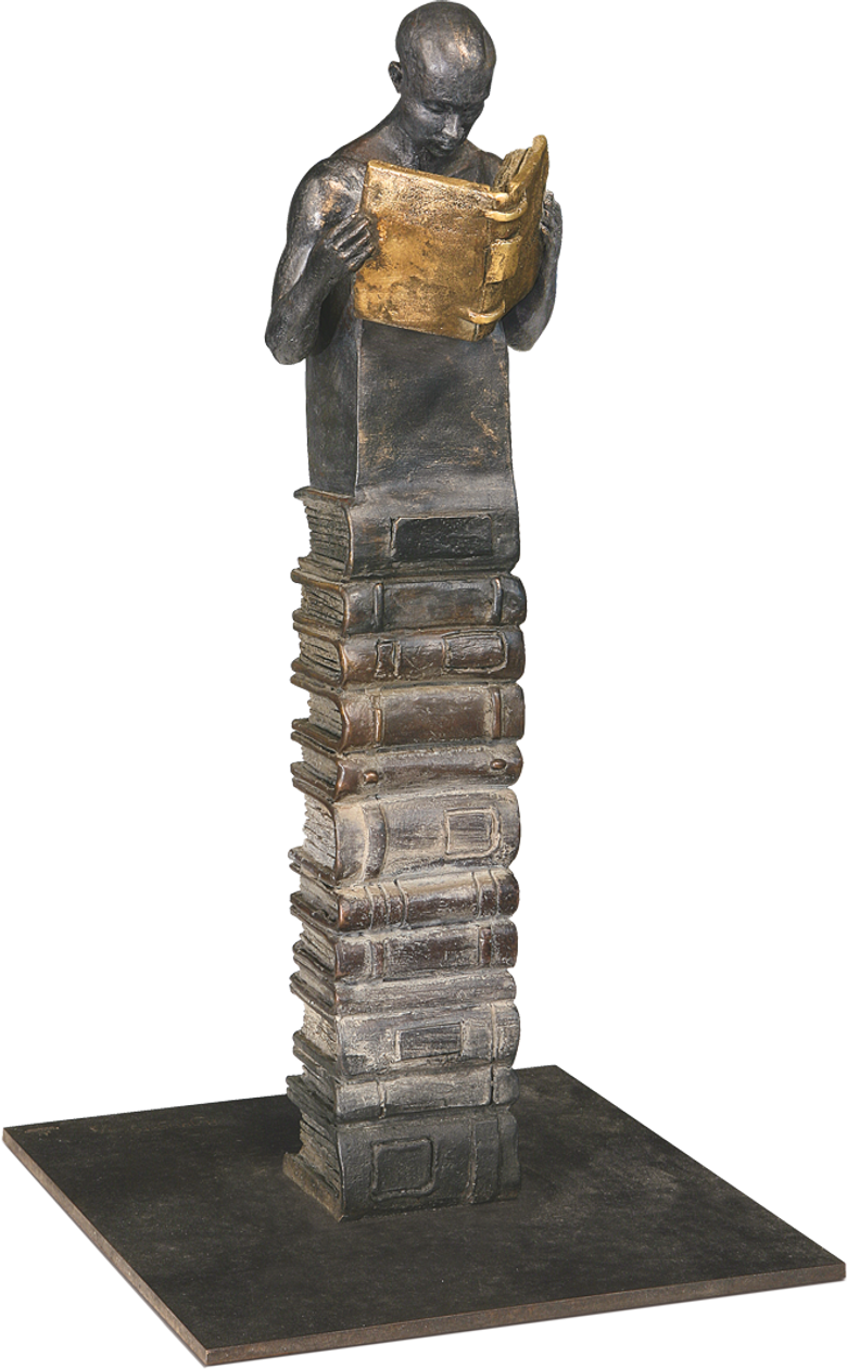 Bronzefigur Lesender auf Bücherstapel von Annie Jungers