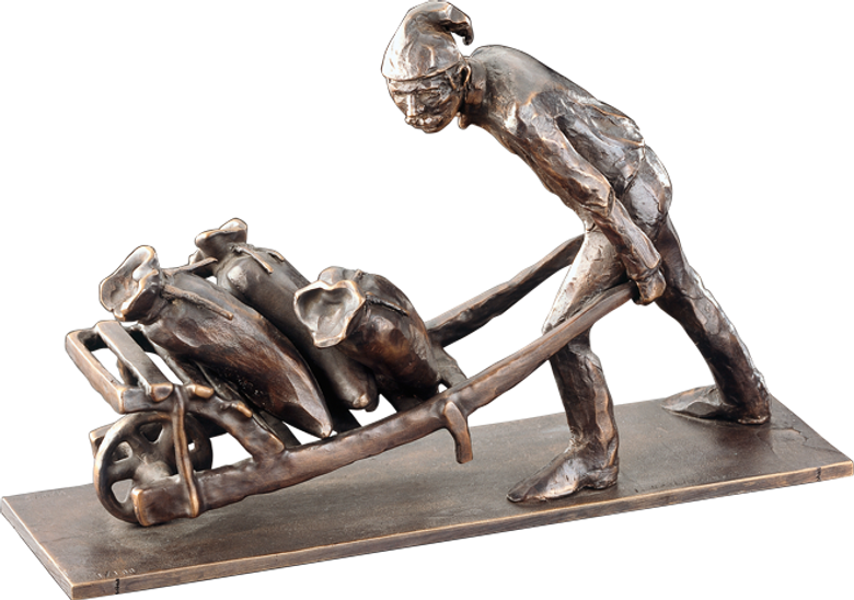 Bronzefigur Müller mit Schubkarre von Ingo Koblischek