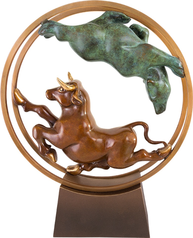 Bronzefigur Bulle & Bär im Rad von Jagna Weber