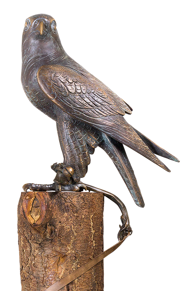 Bronzefigur Falke (mit 2,30 m langem Lederband) von Atelier Strassacker
