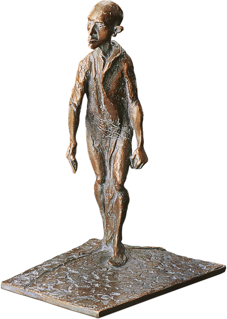 Bronzefigur Mann auf Platte, schreitend von Woytek
