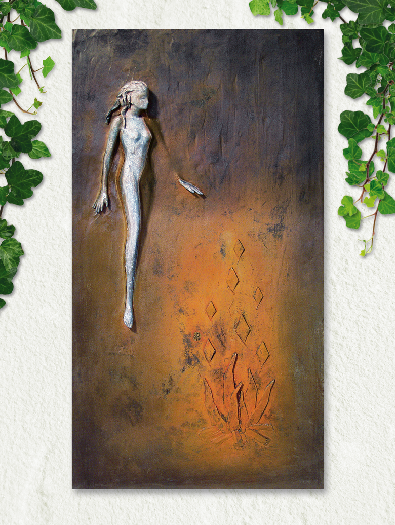 Bronzefigur Relief Respekt vor dem Feuer von Filip Moroder Doss