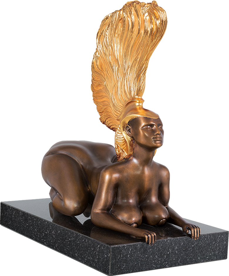 Bronzefigur Sphinx mit Goldhelm von Ernst Fuchs